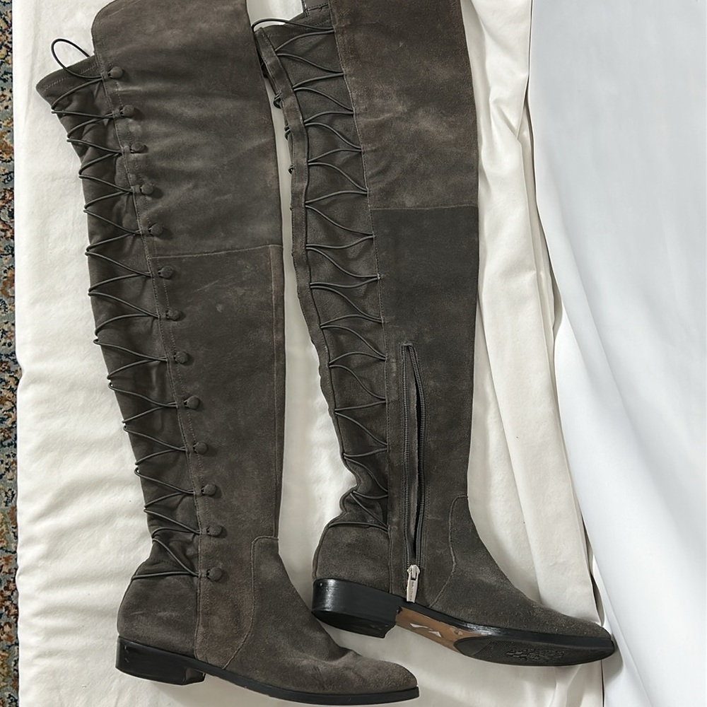 Vince Camuto Women's Size 8M 48 Gray Suede Lace-Up Back Knee High Boots 1” Heel